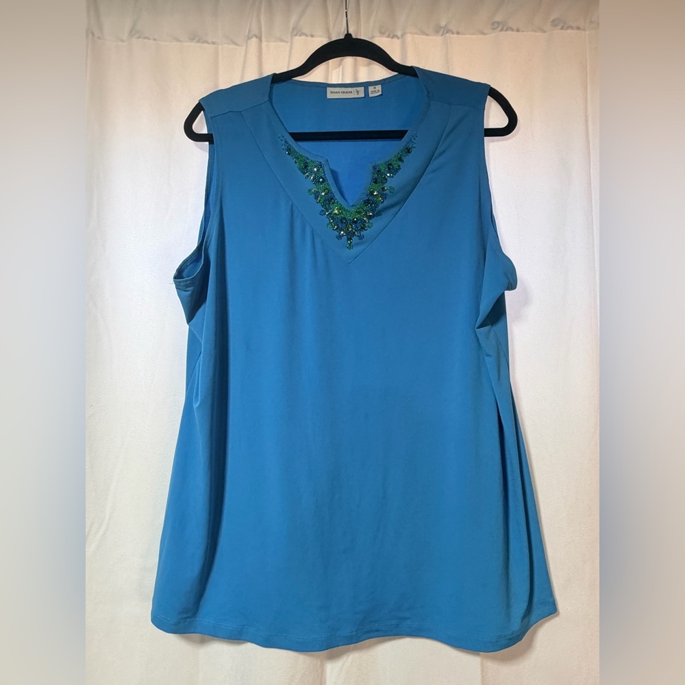 Susan Graver Turquoise Sleeveless Blouse with Green Embellishments